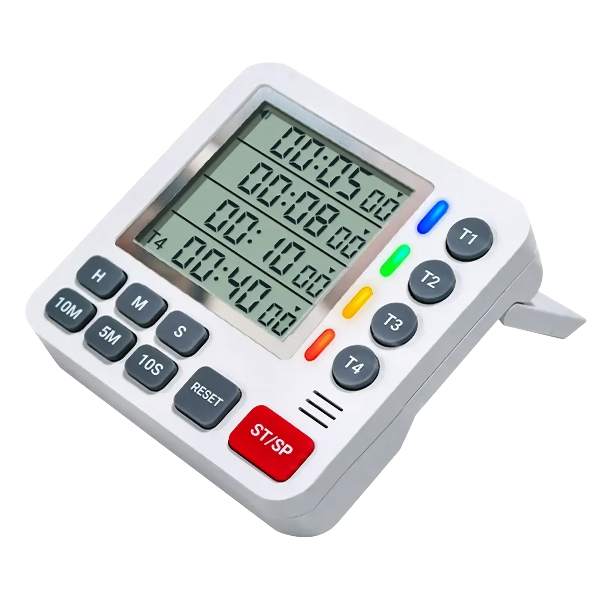 White 4-channel magnetic digital kitchen timer with rectangular display showing four timers and multiple function buttons