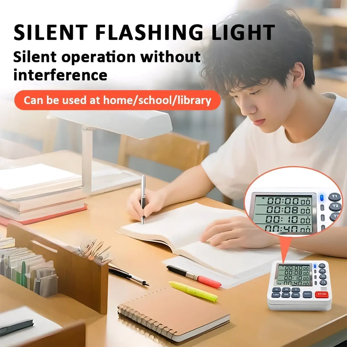 White 4-channel magnetic digital kitchen timer with multiple led displays and keypad for silent flashing light operation