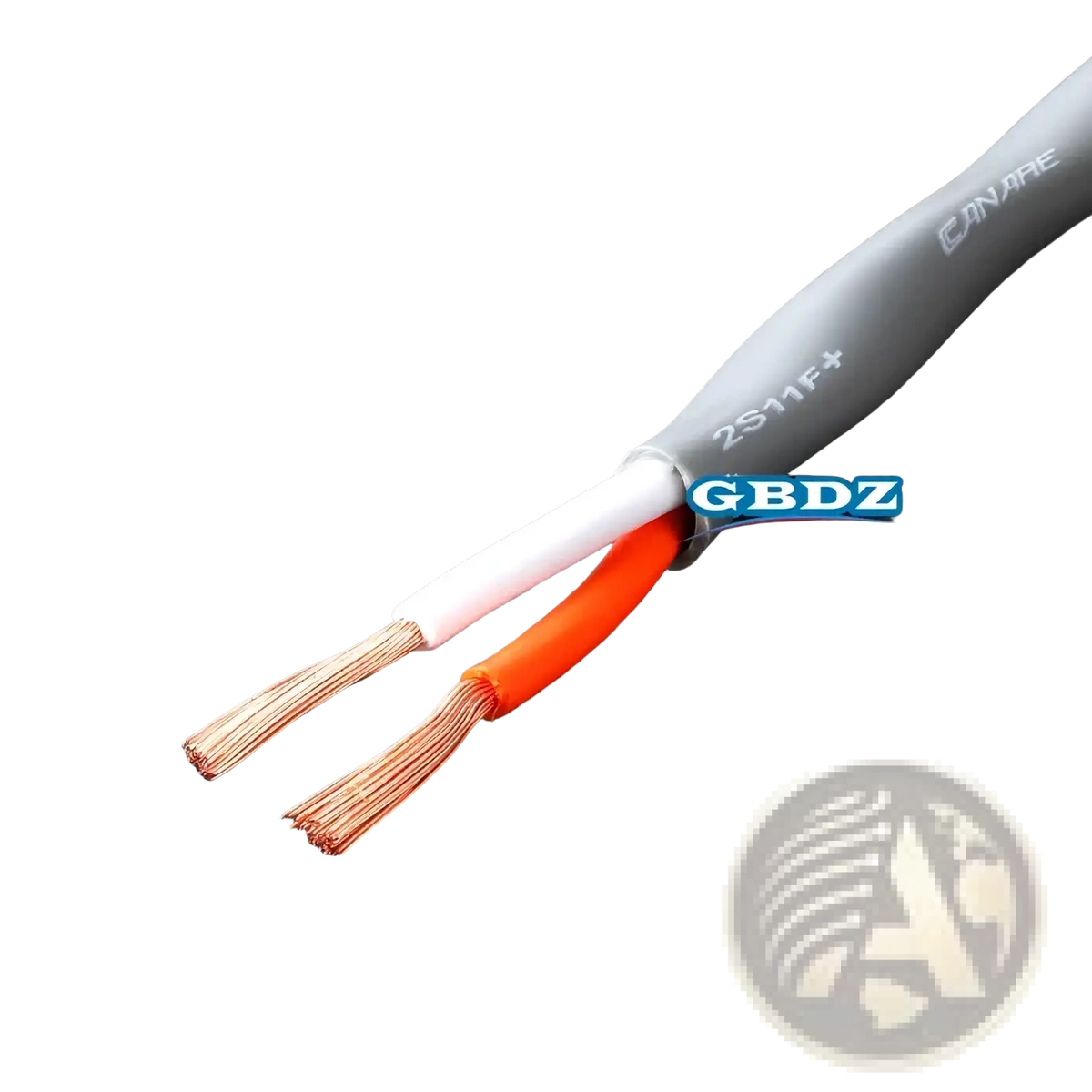 Gray insulated 4-core speaker cable with two exposed oxygen-free copper wire strands in white and orange colors