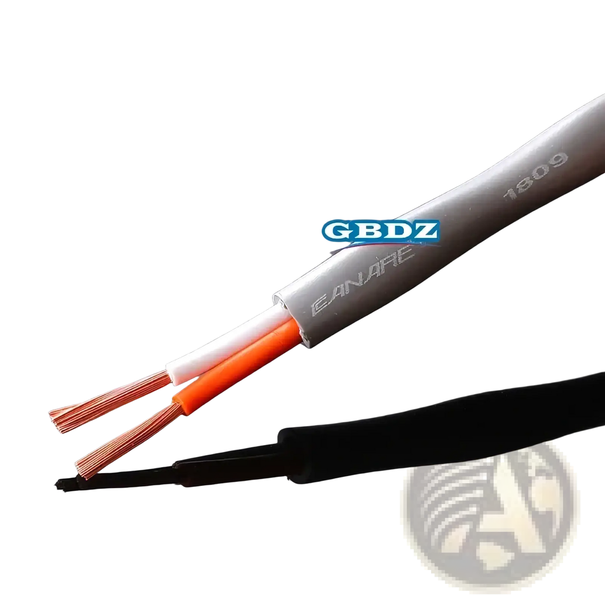 Gray insulated 4-core speaker cable with oxygen-free copper wires, one white and one orange for audio use
