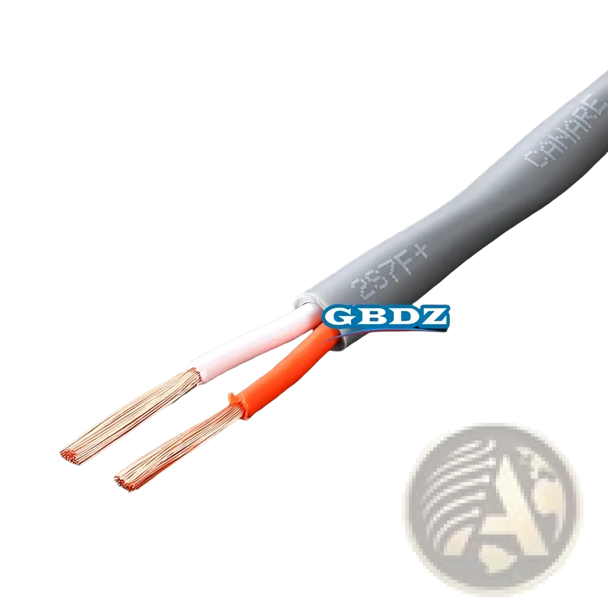 Gray 4-core speaker cable with oxygen-free copper audio wire and white and orange inner sheaths exposed copper strands