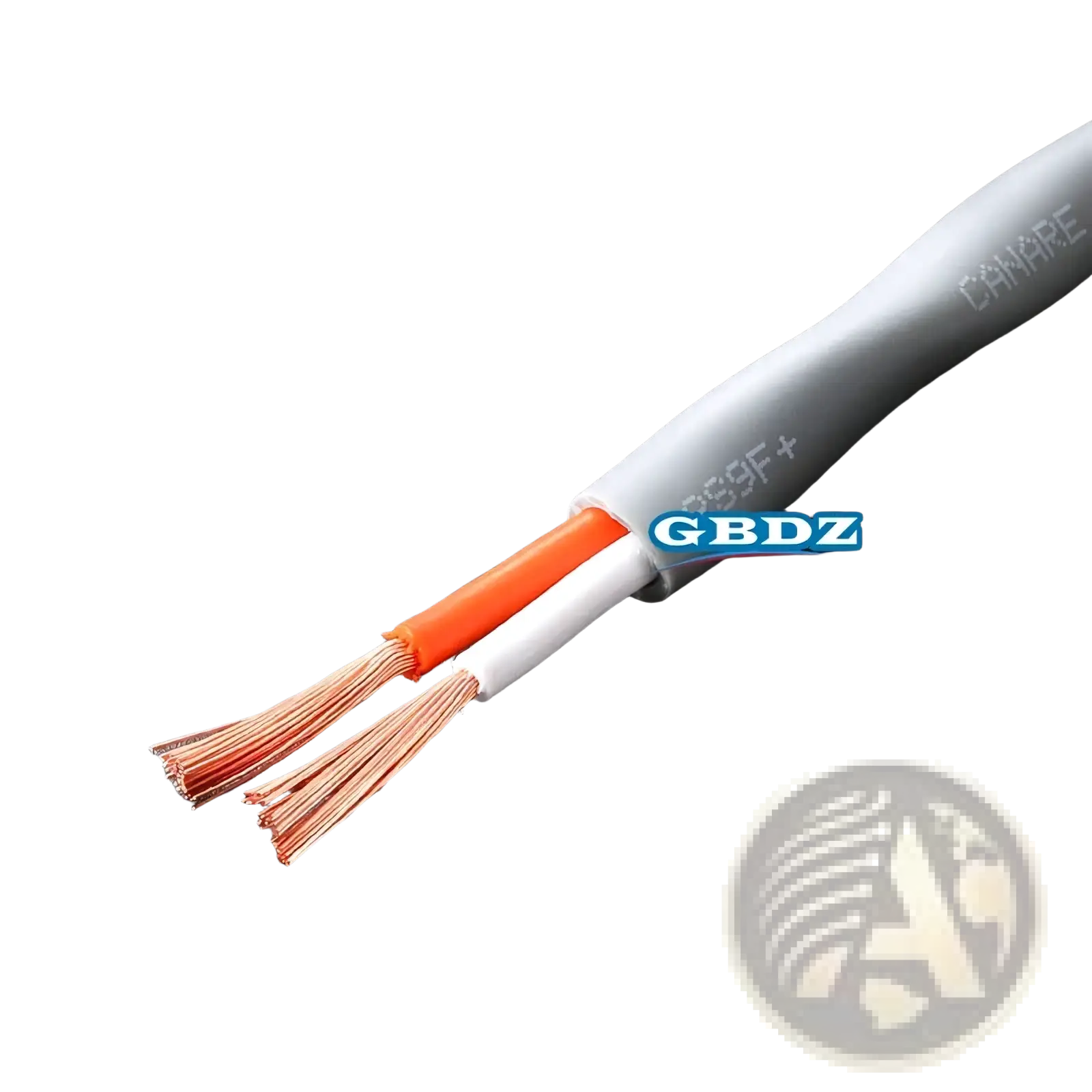 Gray insulated 4-core speaker cable with two exposed oxygen-free copper wires in orange and white for audio use