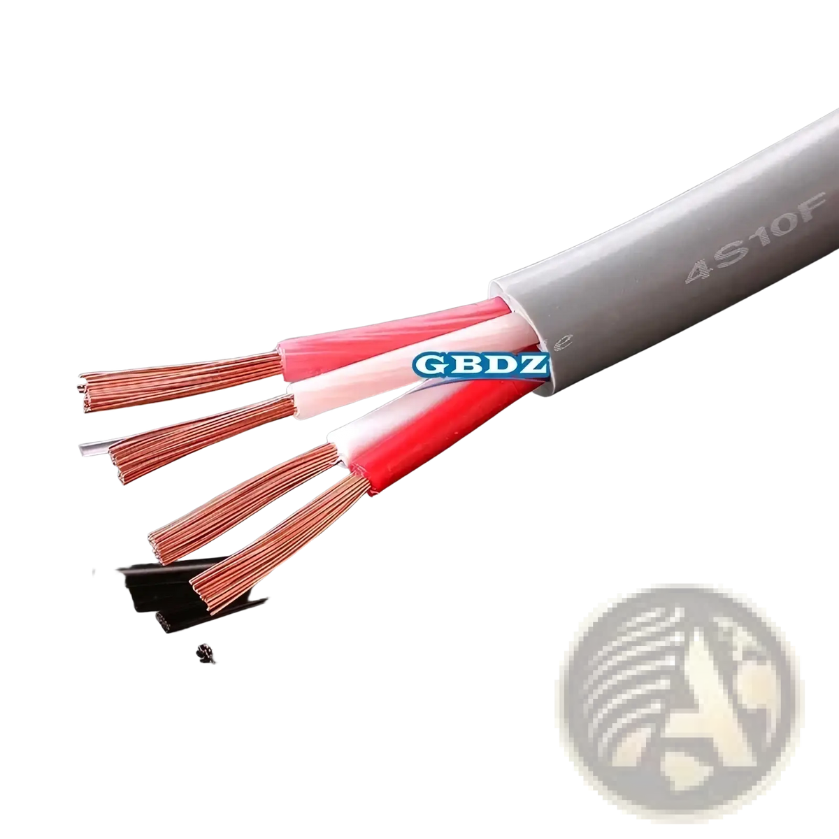 Gray 4s10f 4-core speaker cable with oxygen-free copper wires in red and white insulation for audio use