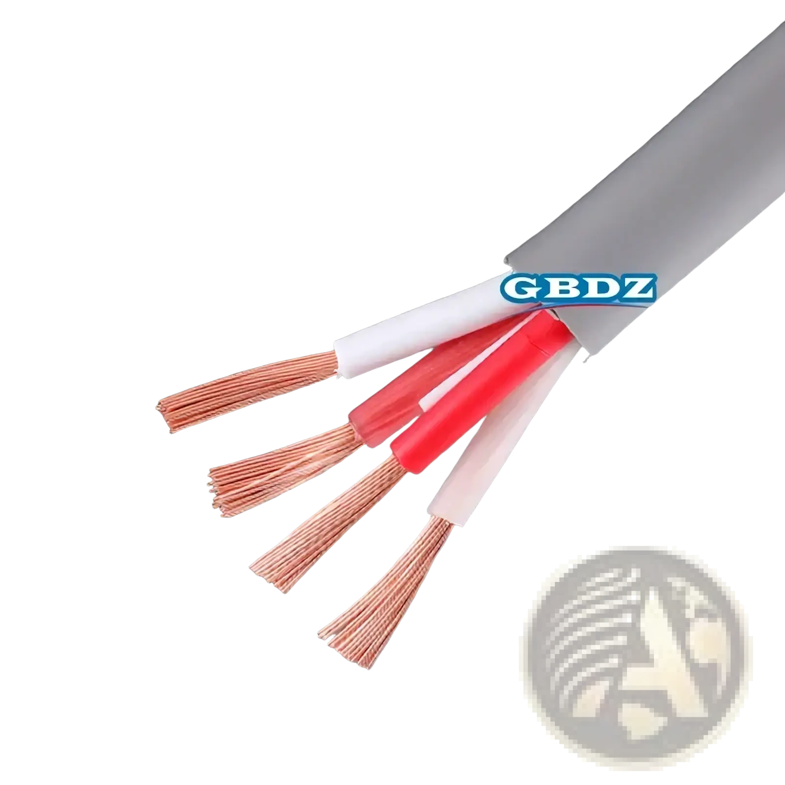 Gray insulated 4-core speaker cable with two red and two white oxygen-free copper wires labeled 4s12f by gbdz
