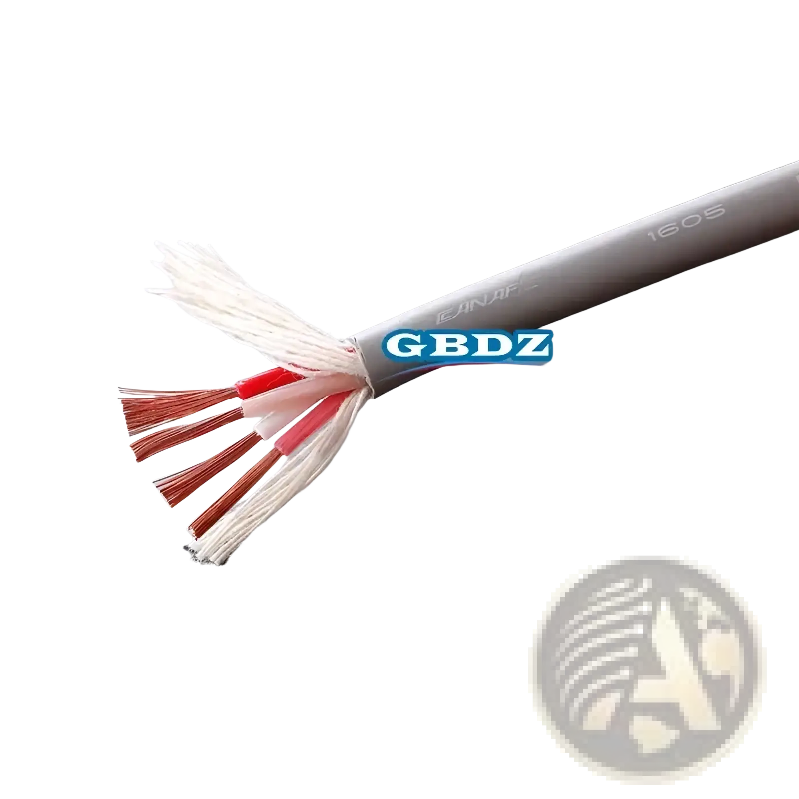 Gray insulated 4-core speaker cable with oxygen-free copper wires individually wrapped in red and white insulation