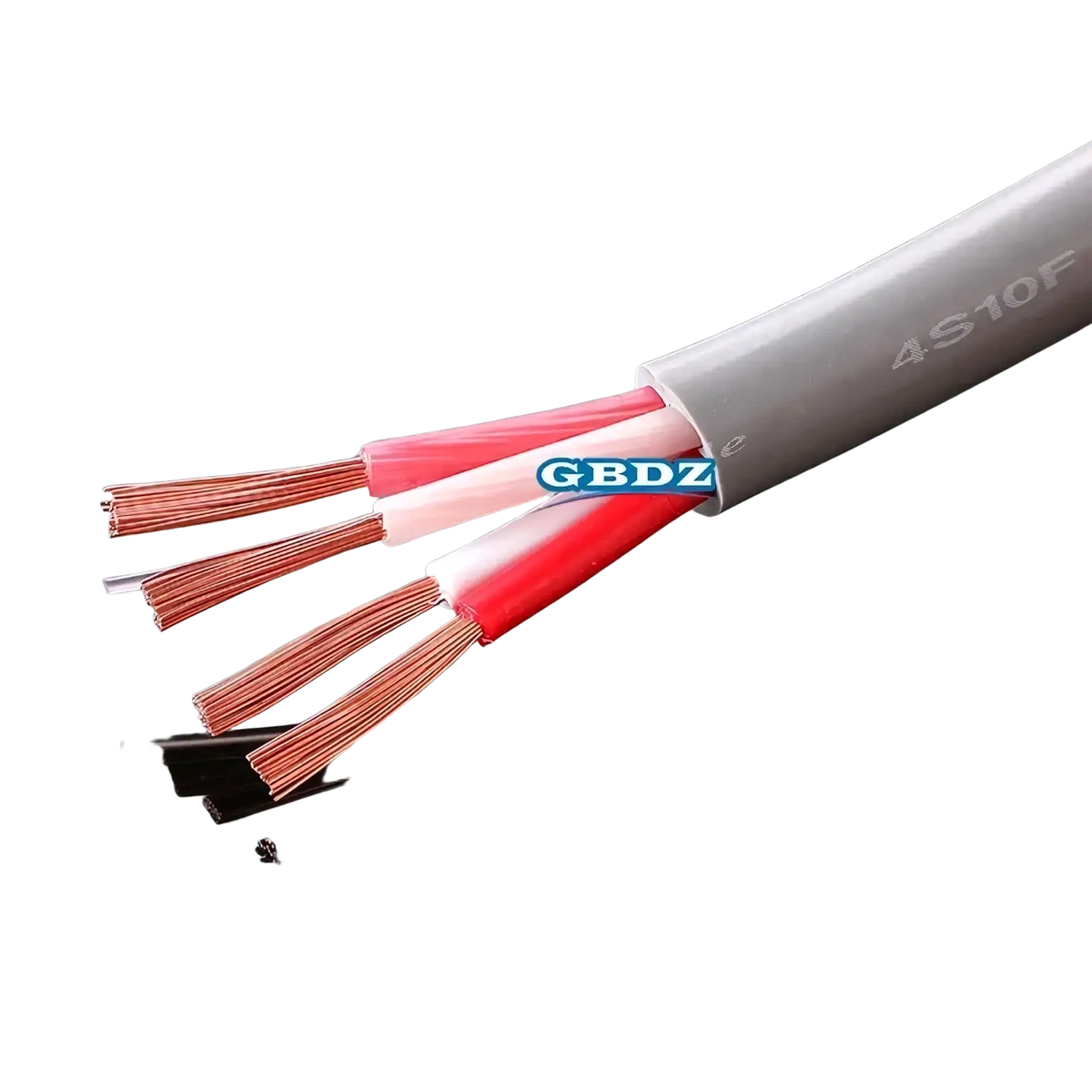 Gray 4s10f 4-core speaker cable with oxygen-free copper wires in red and white insulation for audio use