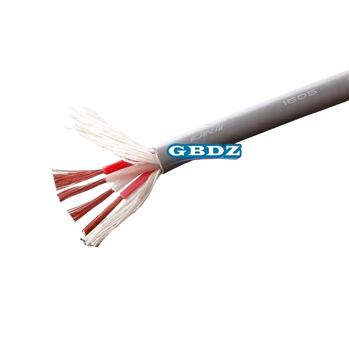 Gray insulated 4-core speaker cable with oxygen-free copper wires individually wrapped in red and white insulation