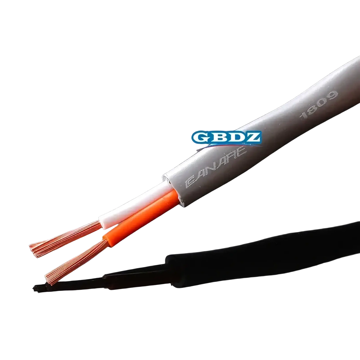 Gray insulated 4-core speaker cable with oxygen-free copper wires, one white and one orange for audio use