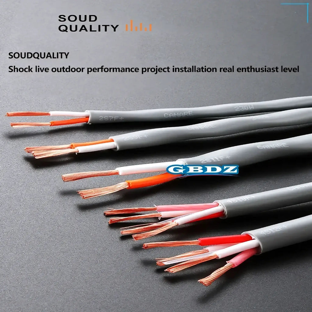 Gray 4-core speaker cable with oxygen-free copper wire and color-coded white orange pink and red insulation exposed