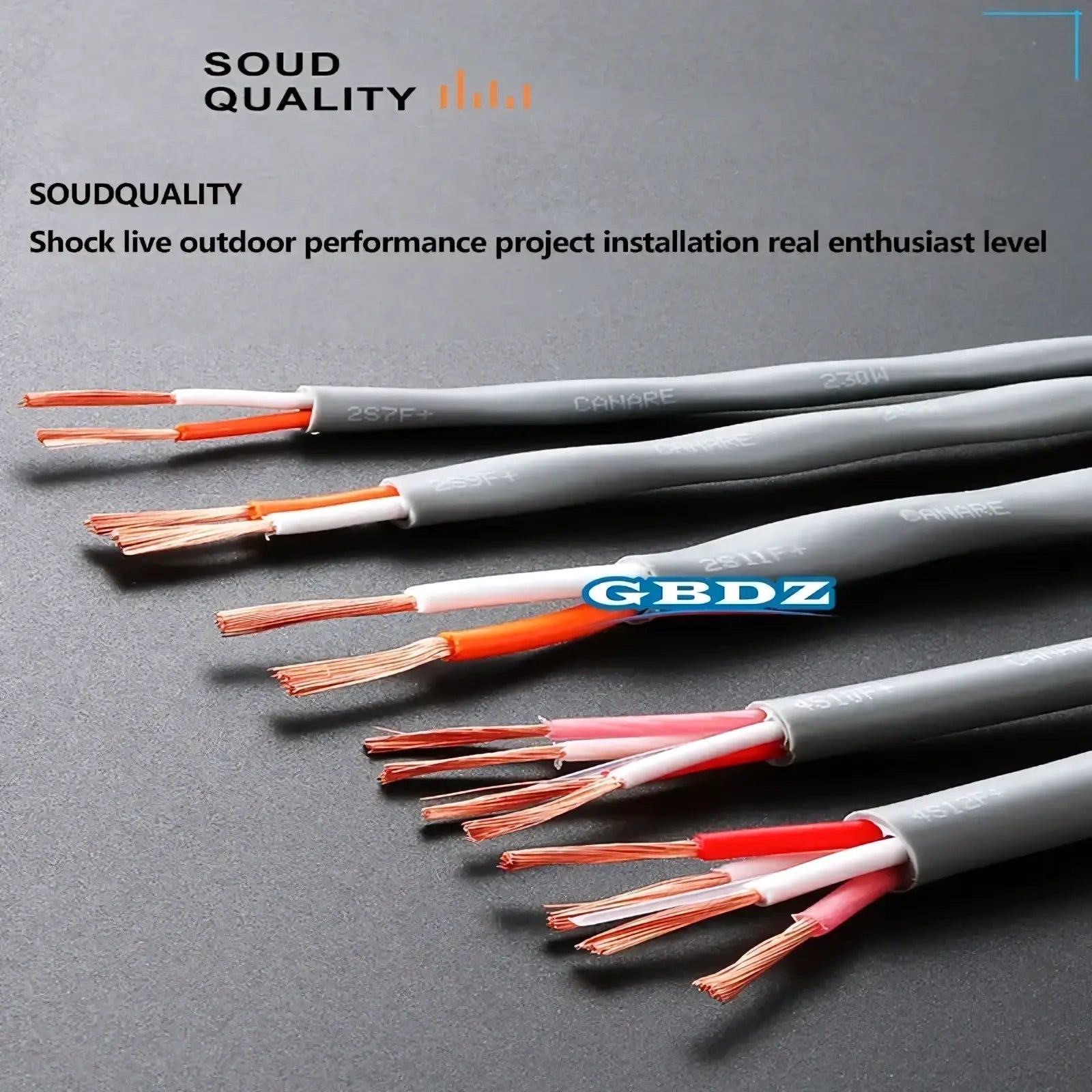 Gray 4-core speaker cable with oxygen-free copper wire and color-coded white orange pink and red insulation exposed
