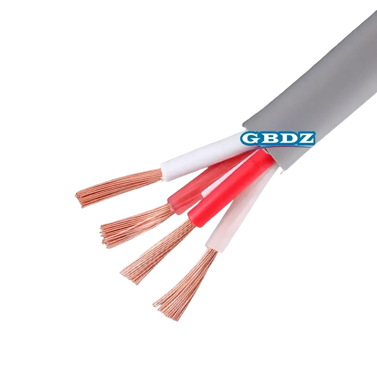 Gray insulated 4-core speaker cable with two red and two white oxygen-free copper wires labeled 4s12f by gbdz