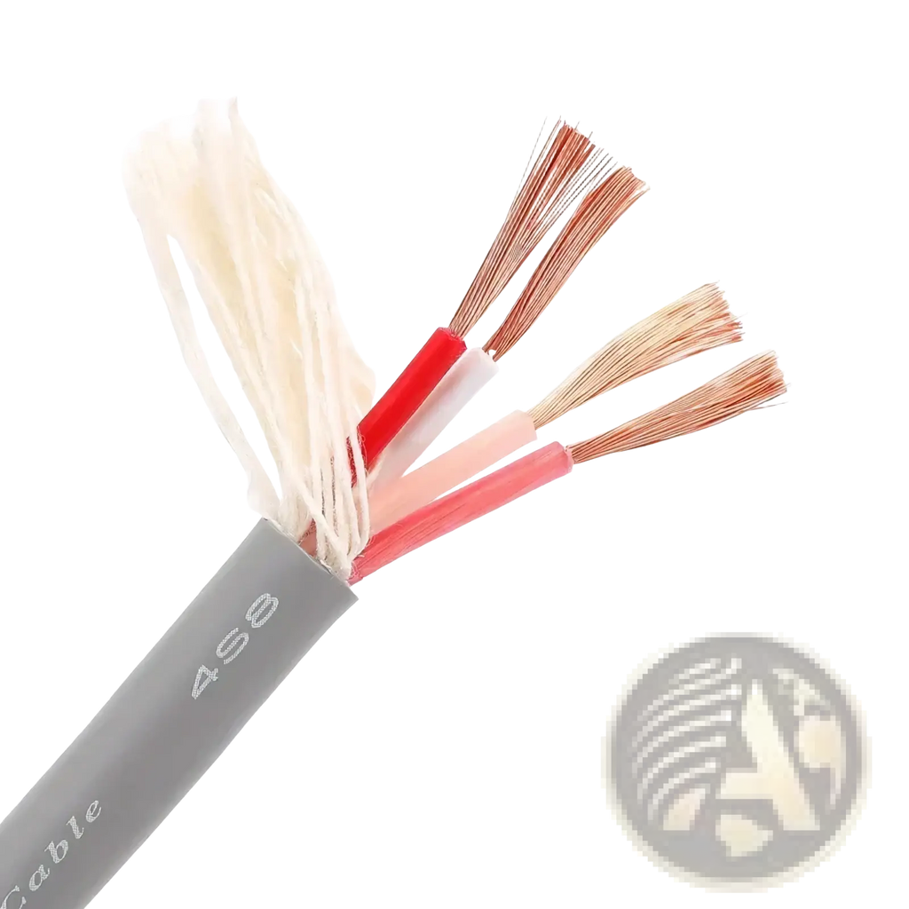 Gray insulated 4-core speaker cable with color-coded red white pink and copper oxygen-free copper audio wire exposed strands