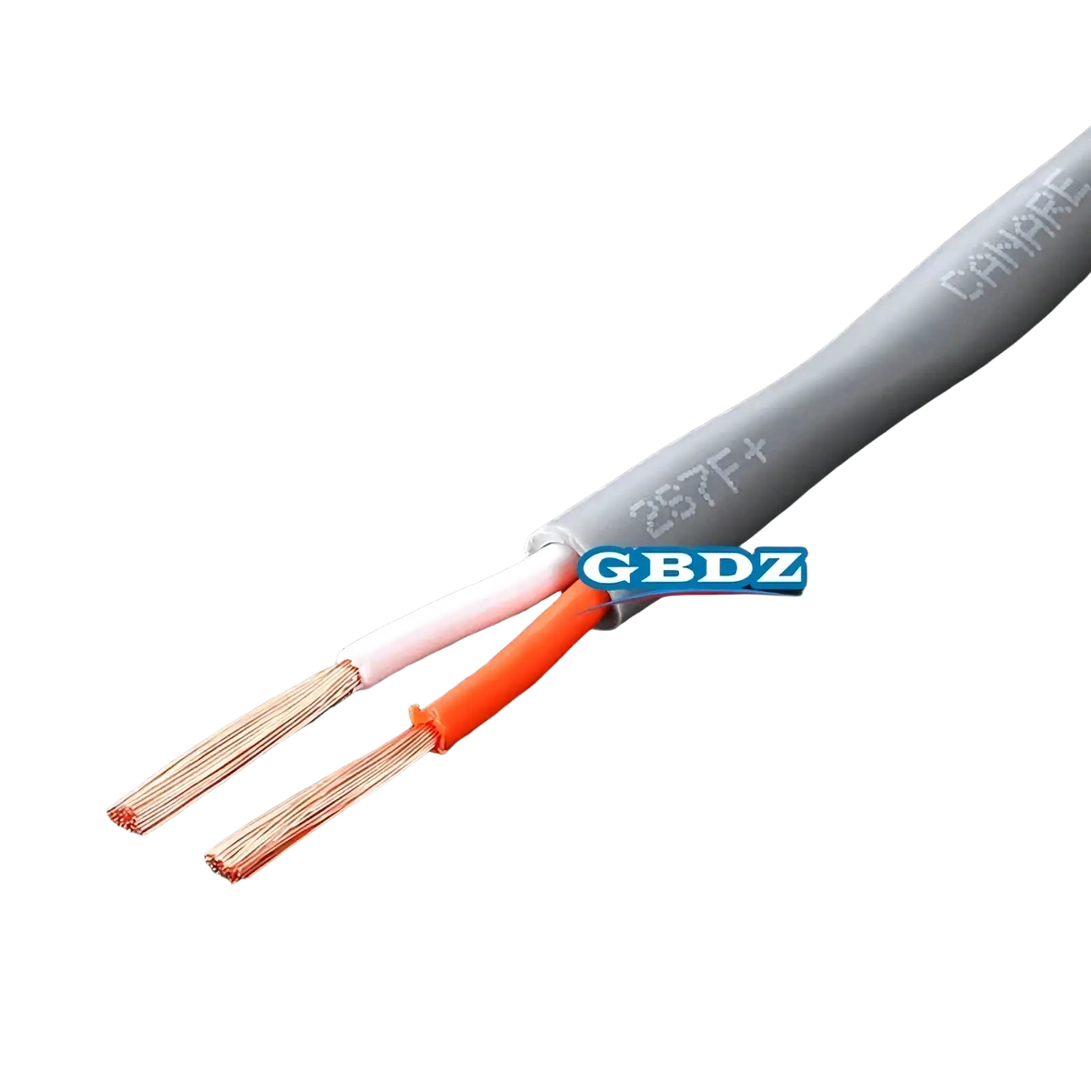 Gray 4-core speaker cable with oxygen-free copper audio wire and white and orange inner sheaths exposed copper strands