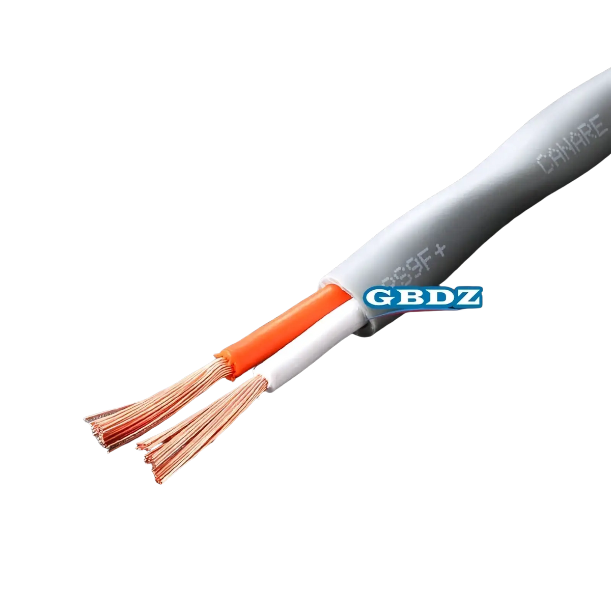 Gray insulated 4-core speaker cable with two exposed oxygen-free copper wires in orange and white for audio use