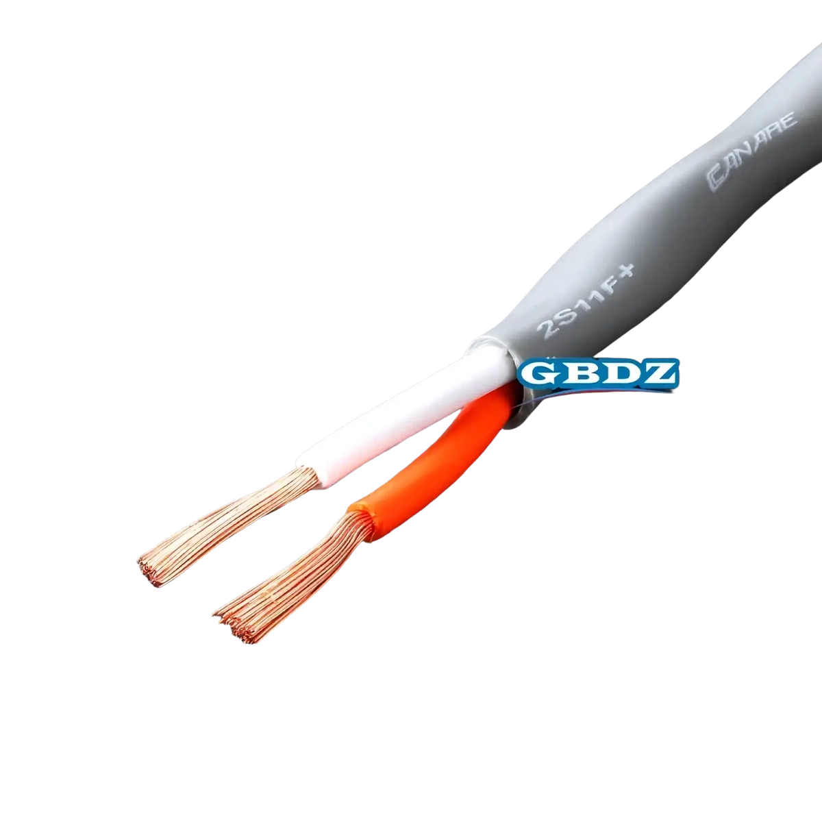Gray insulated 4-core speaker cable with two exposed oxygen-free copper wire strands in white and orange colors