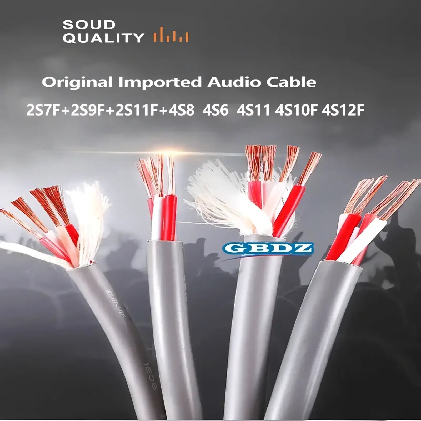 Gray-sheathed 4-core speaker cable with exposed red and white oxygen-free copper wires for high-quality audio use