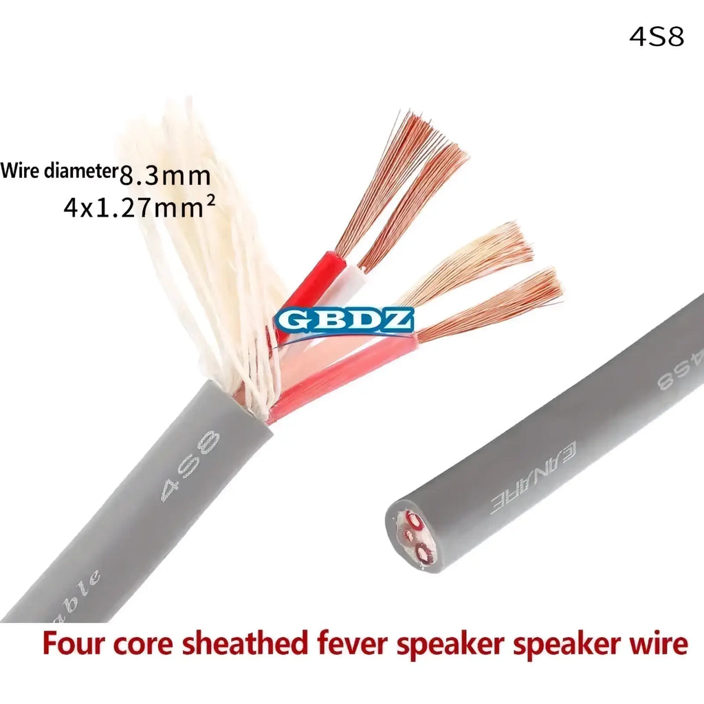 Gray-sheathed 4-core oxygen-free copper speaker cable with red and white insulated conductors for audio use