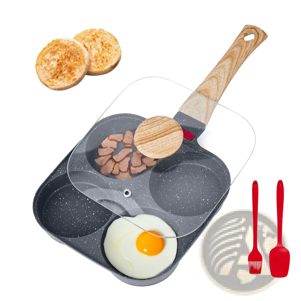 Black speckled nonstick four-egg pan with wooden handle and clear lid featuring an induction base for versatile cooking