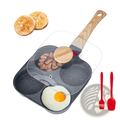 Black speckled nonstick four-egg pan with wooden handle and clear lid featuring an induction base for versatile cooking