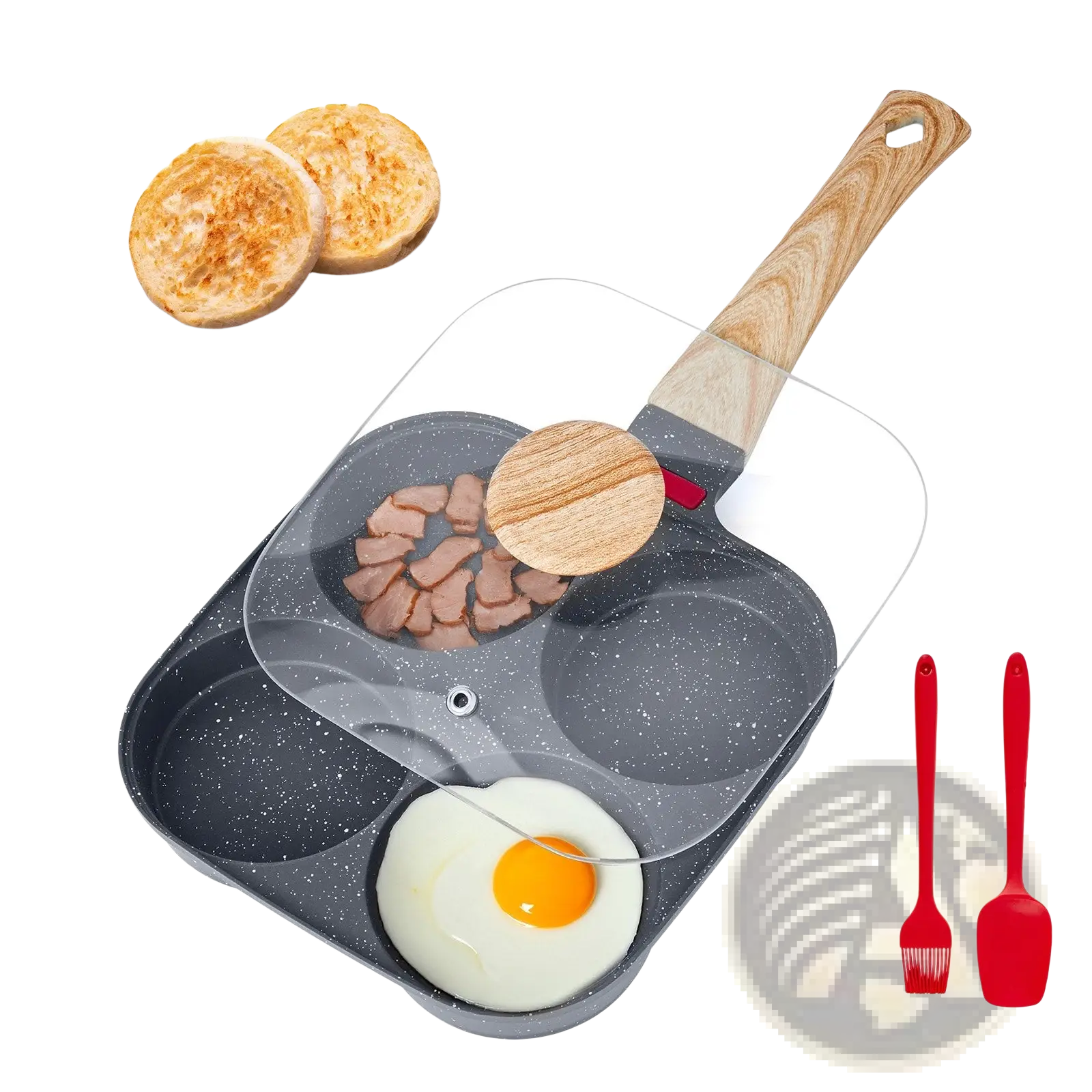 Black speckled nonstick four-egg pan with wooden handle and clear lid featuring an induction base for versatile cooking