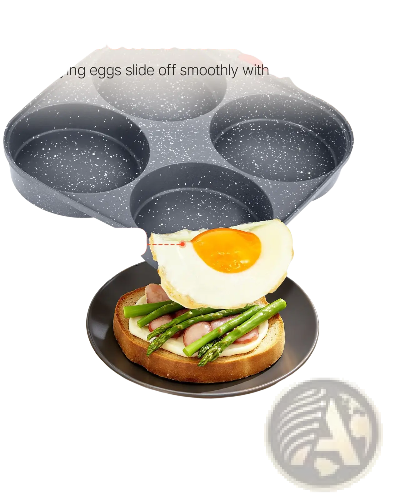 Black speckled maifan stone nonstick six-hole 4-cup egg pan with lid and induction base frying a sunny-side-up egg