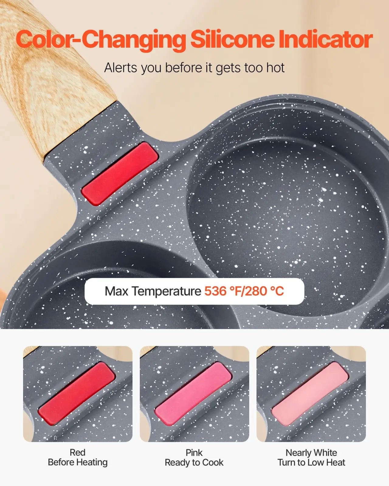 4-cup nonstick egg pan with lid and induction base featuring black speckled silicone, wooden handle, and red temperature strip