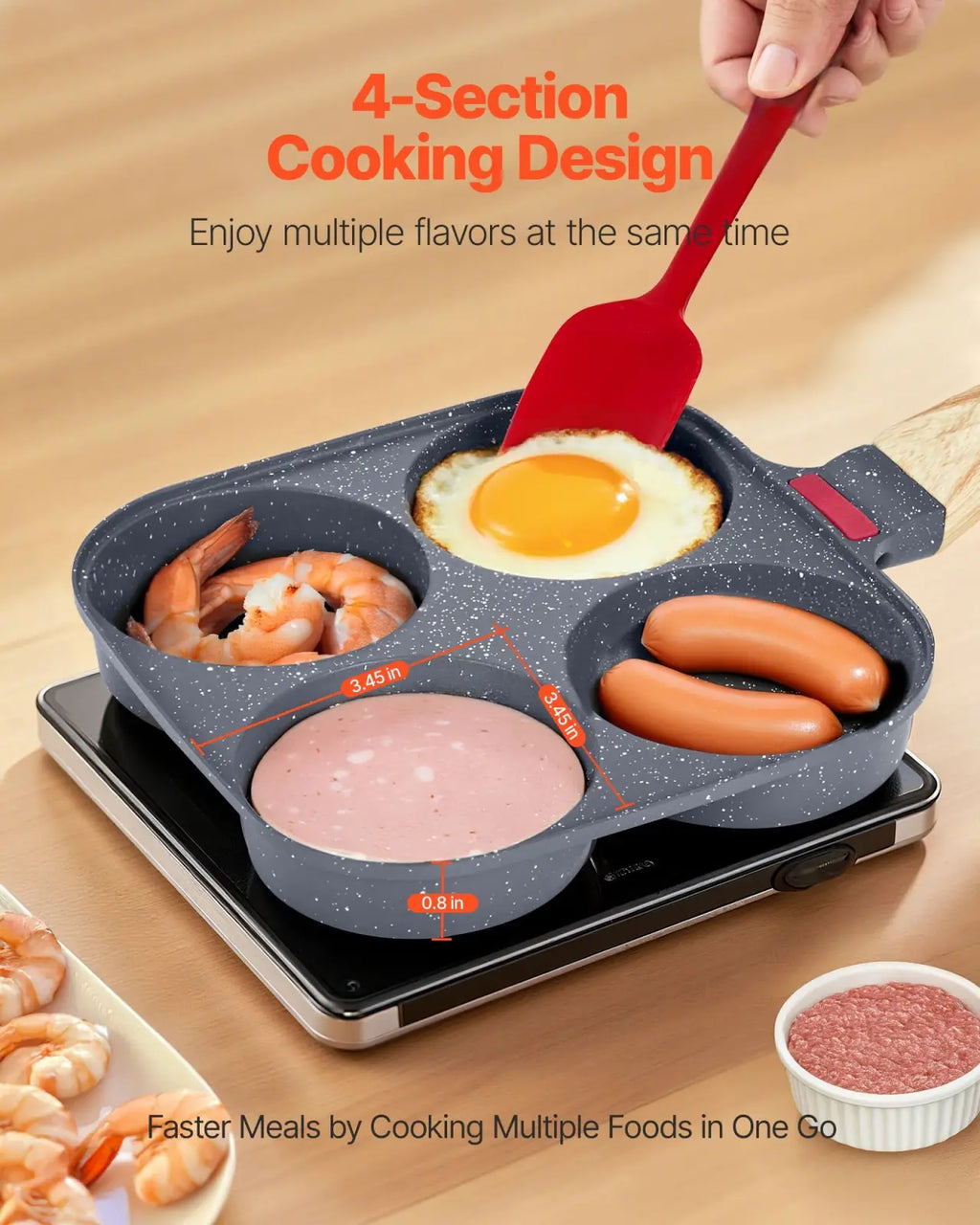 Gray speckled 4-section nonstick egg pan with red silicone spatula and induction base for convenient cooking