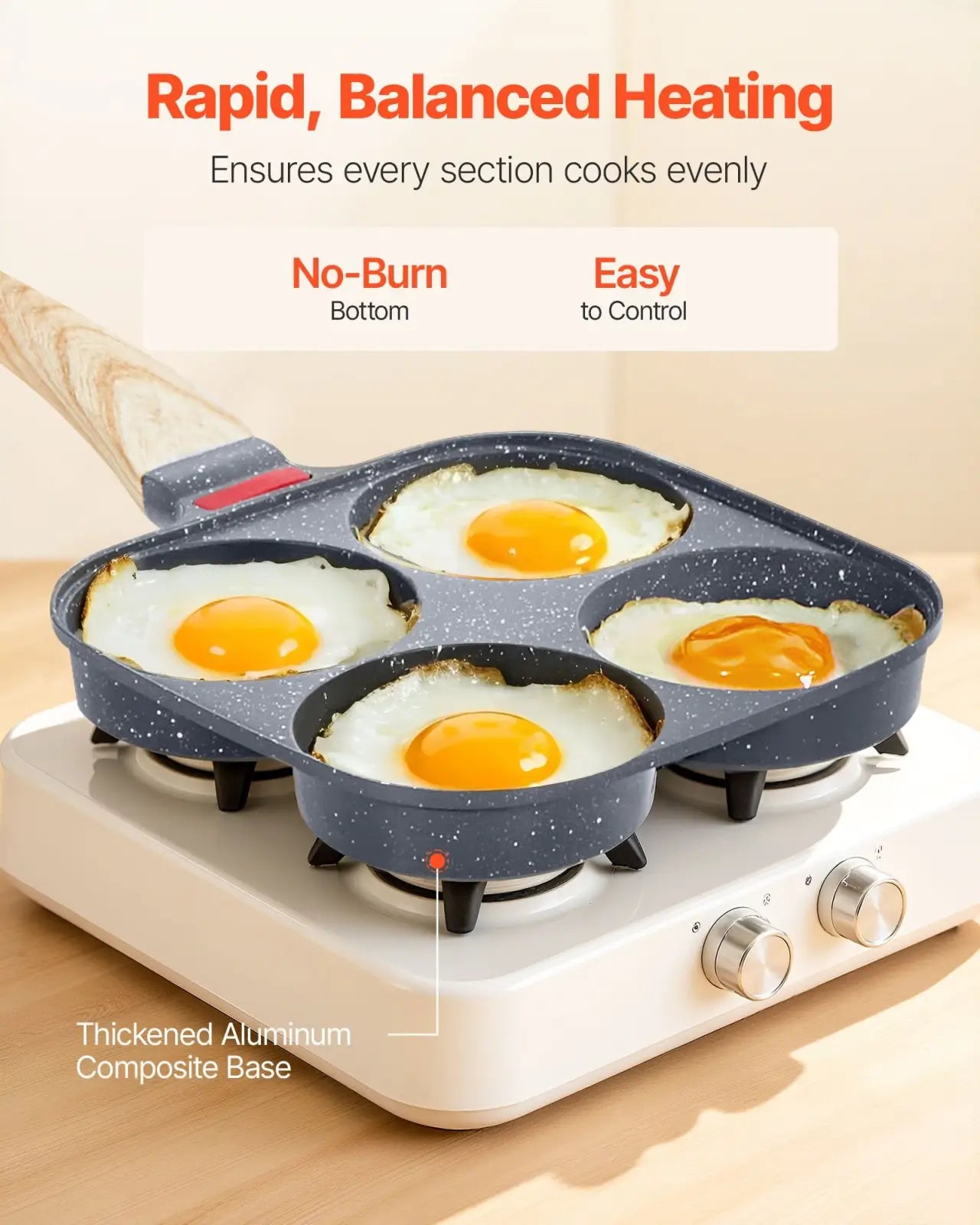 Dark gray speckled 4-cup nonstick egg pan with wooden handle and thickened aluminum composite induction base