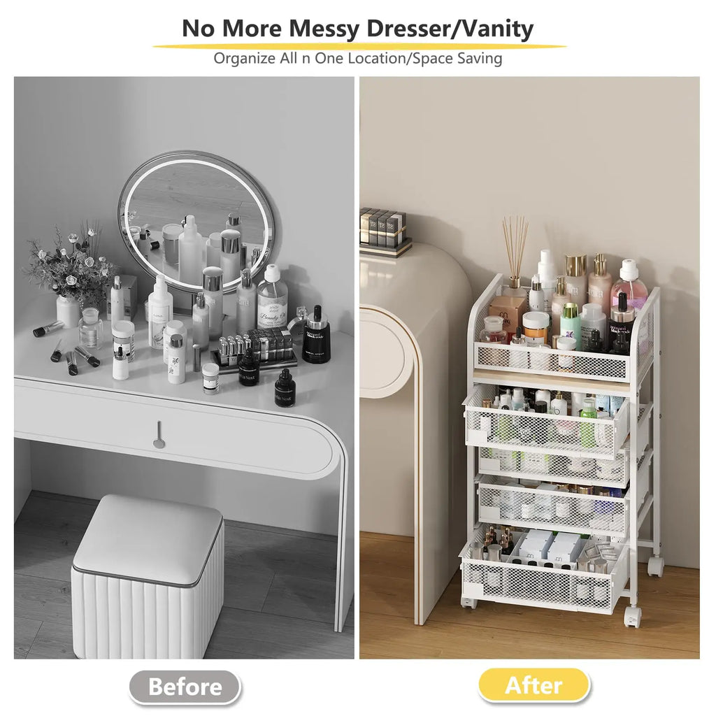 White mesh 4 drawer rolling makeup vanity and skincare storage cart with four tiers and wheels for easy mobility