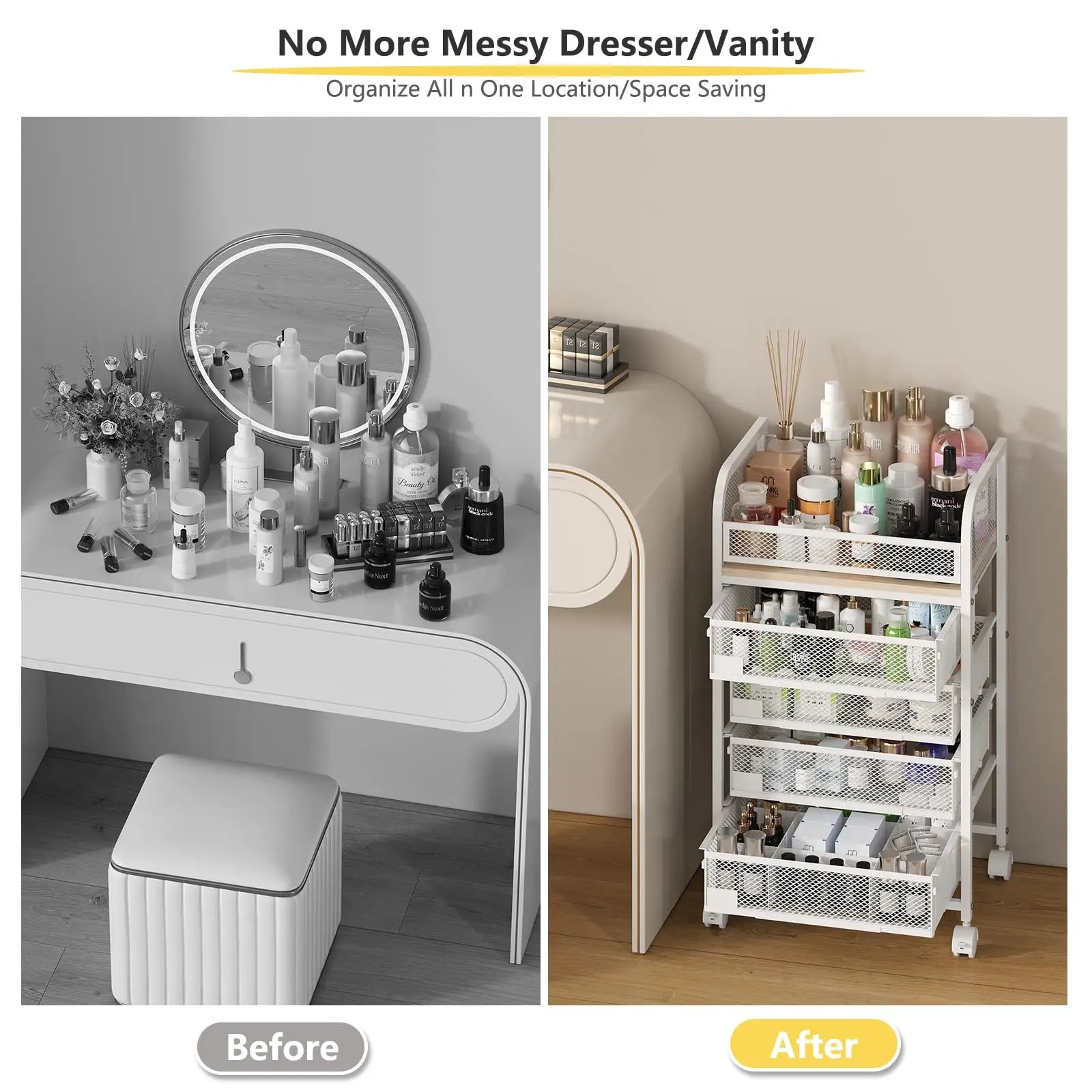 White mesh 4 drawer rolling makeup vanity and skincare storage cart with four tiers and wheels for easy mobility