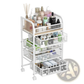 White mesh 4 drawer rolling makeup vanity and skincare storage cart with wheels holding beauty products