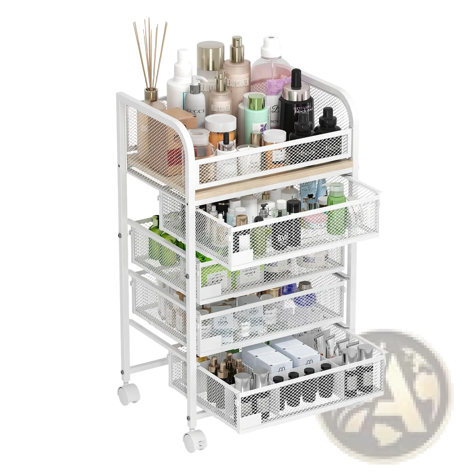 White mesh 4 drawer rolling makeup vanity and skincare storage cart with wheels holding beauty products