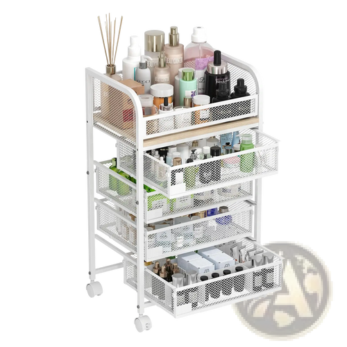 White mesh 4 drawer rolling makeup vanity and skincare storage cart with wheels holding beauty products