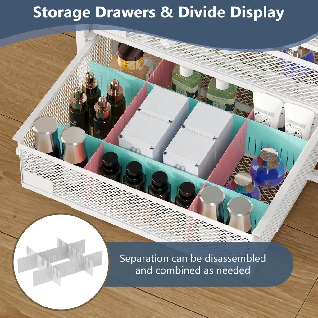 White mesh storage drawer with teal and pink divider inserts in 4 drawer rolling makeup vanity and skincare storage cart white
