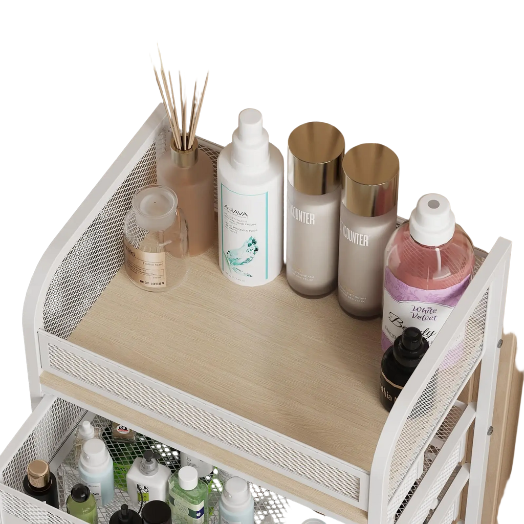 White mesh framed wooden tabletop with two tiers for organizing beauty products in 4 drawer rolling makeup vanity
