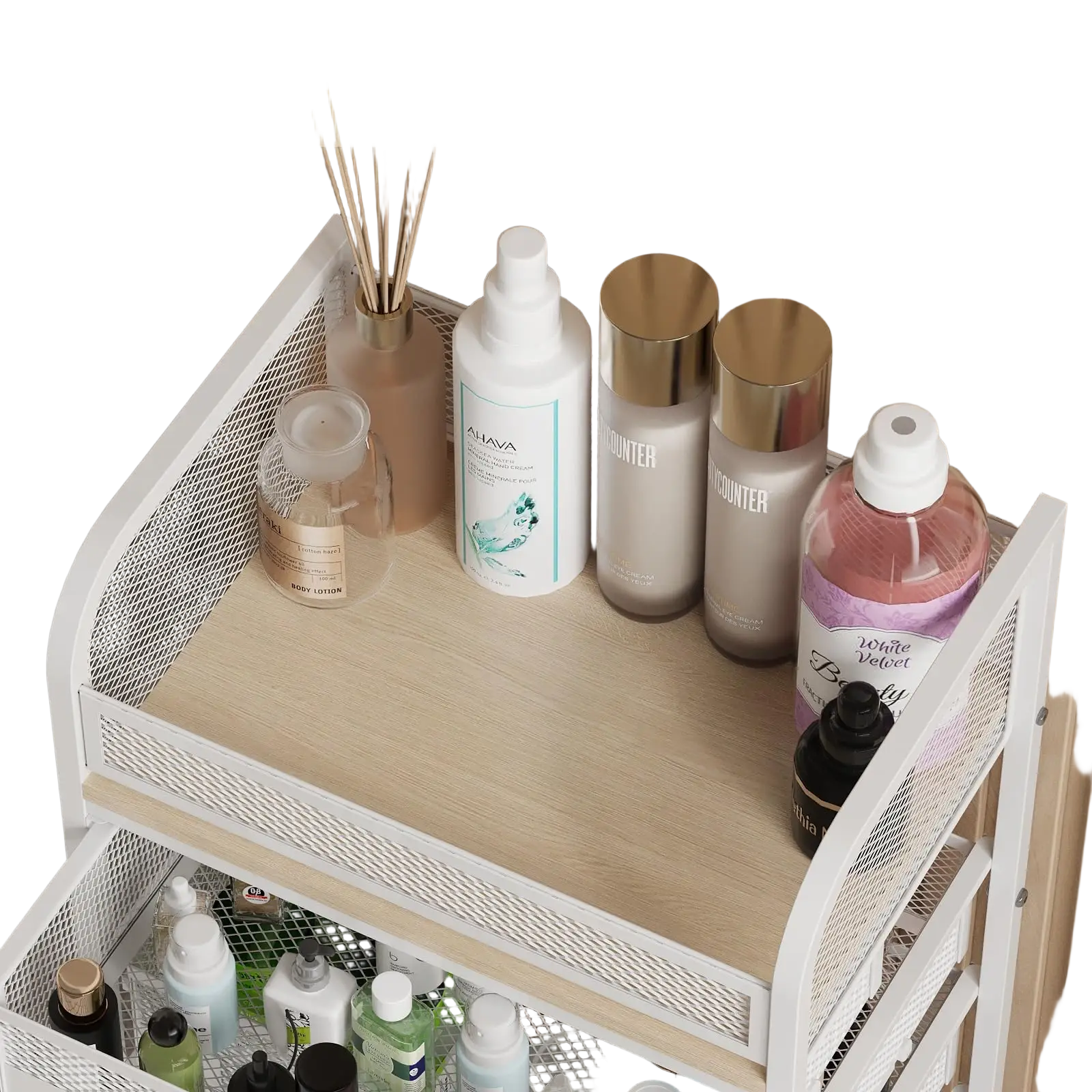 White mesh framed wooden tabletop with two tiers for organizing beauty products in 4 drawer rolling makeup vanity