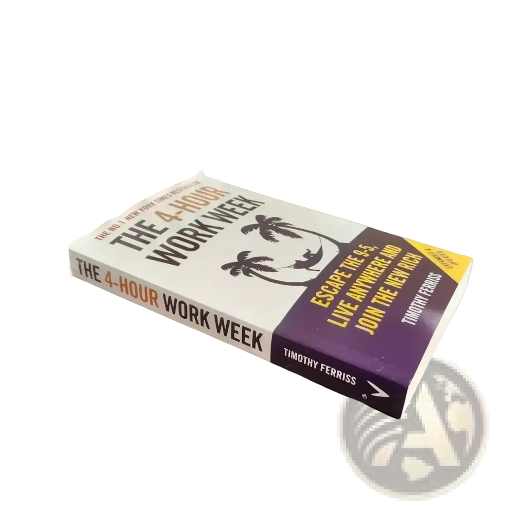 White and purple hardcover book the 4-hour work week by timothy ferriss with minimalist black palm tree design