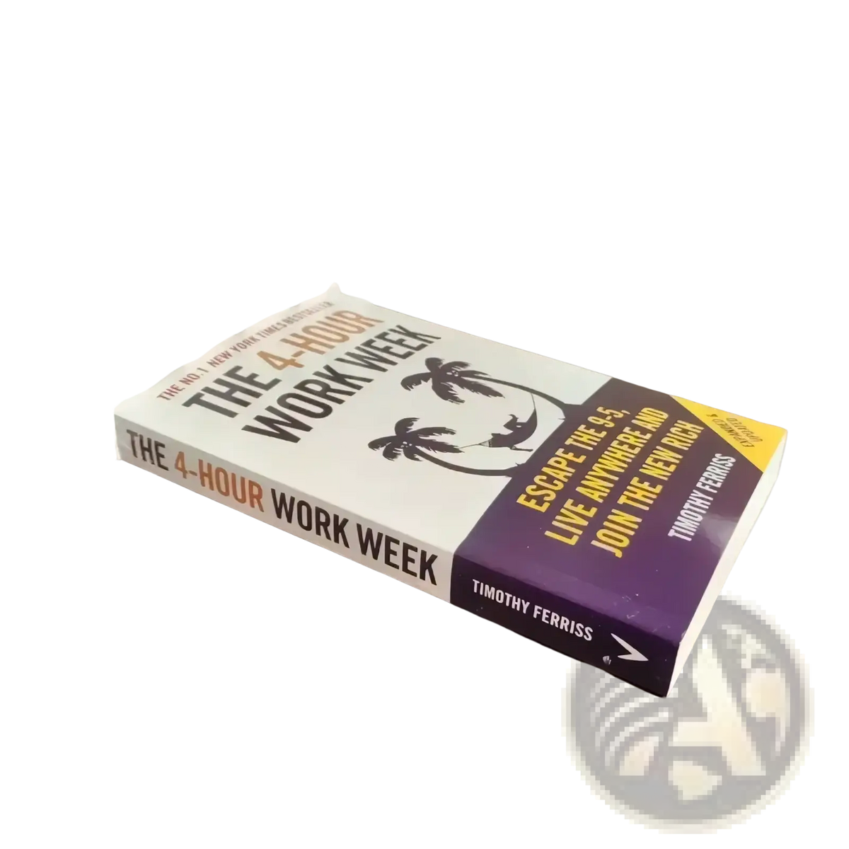 White and purple hardcover book the 4-hour work week by timothy ferriss with minimalist black palm tree design