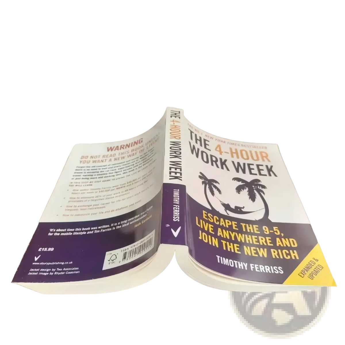 The 4-hour workweek Timothy Ferriss paperback book with white and purple cover and black palm tree illustrations