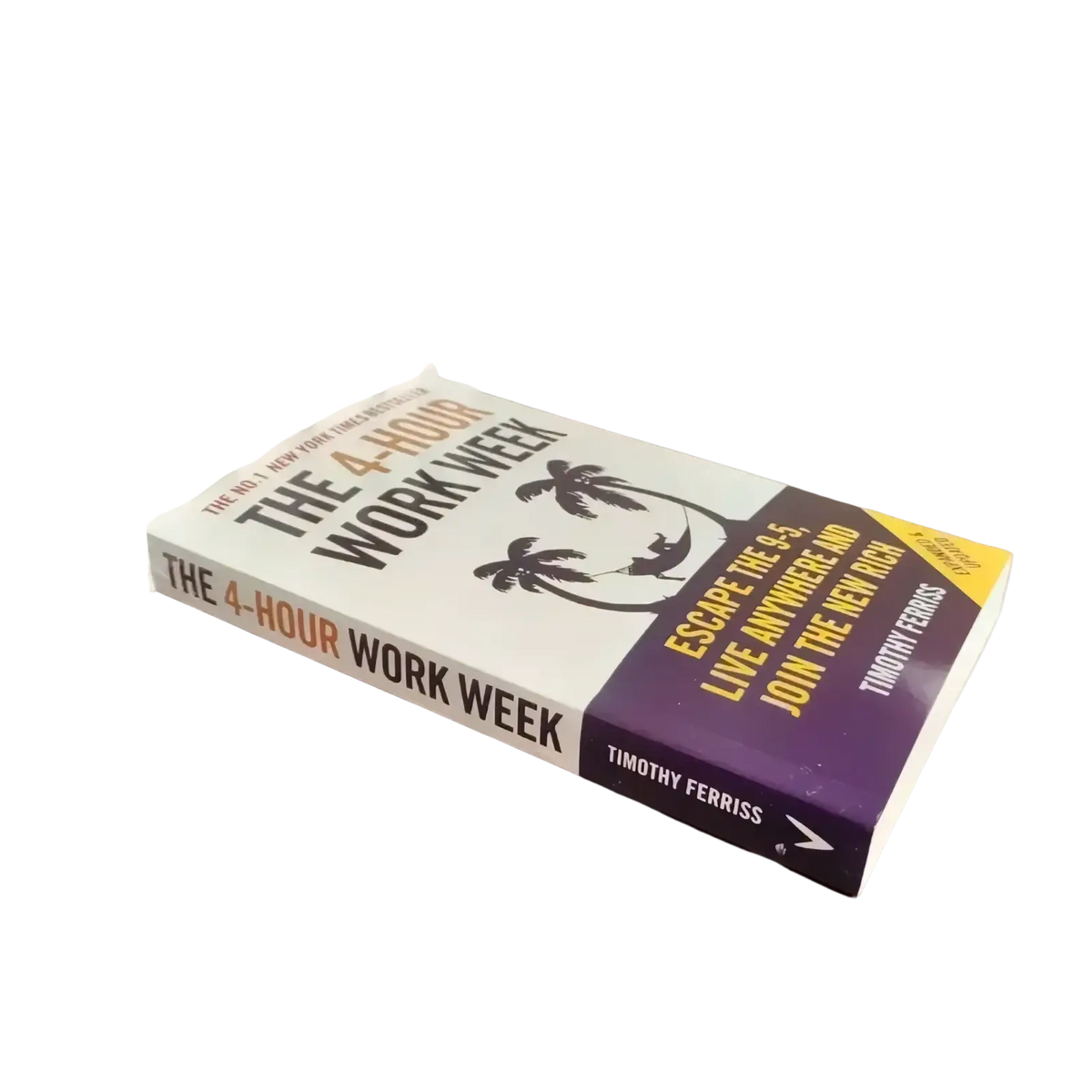 White and purple hardcover book the 4-hour work week by timothy ferriss with minimalist black palm tree design