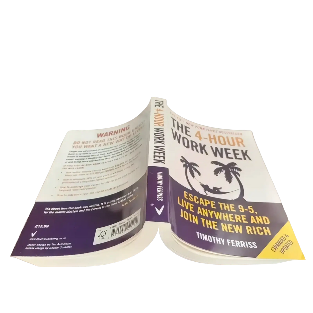 The 4-hour workweek Timothy Ferriss paperback book with white and purple cover and black palm tree illustrations