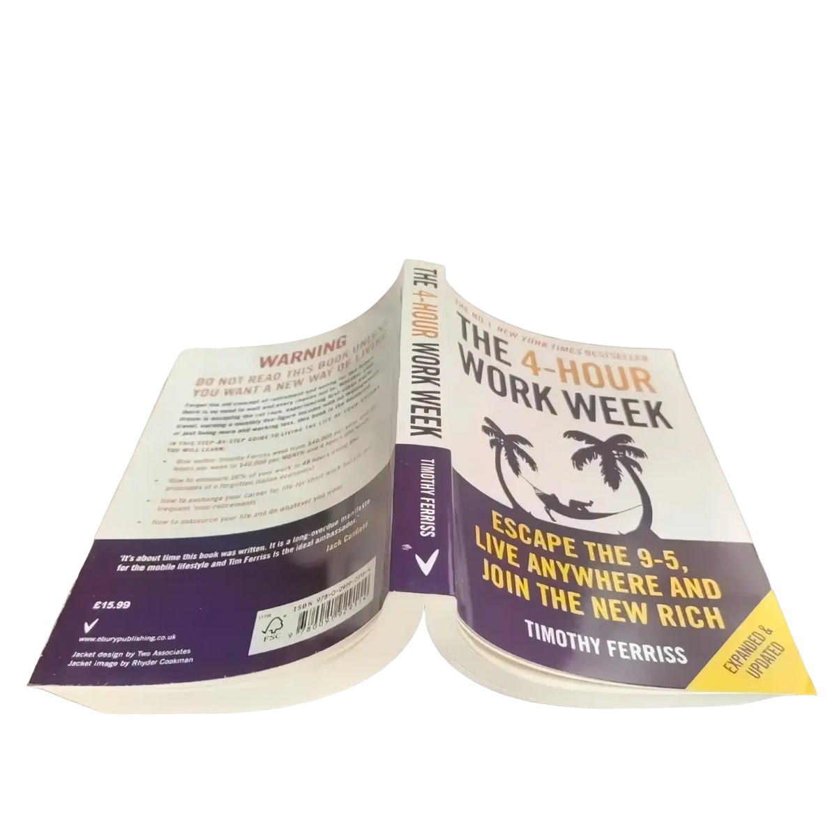 The 4-hour workweek Timothy Ferriss paperback book with white and purple cover and black palm tree illustrations