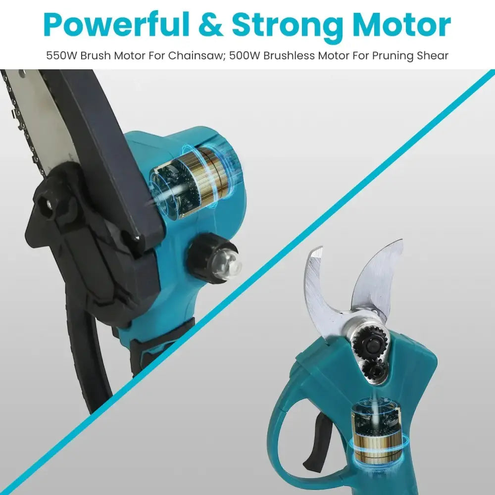 Teal and black electric pruning shear with brushless motor from 4-in-1 cordless brushless pole saw and pruning shear kit