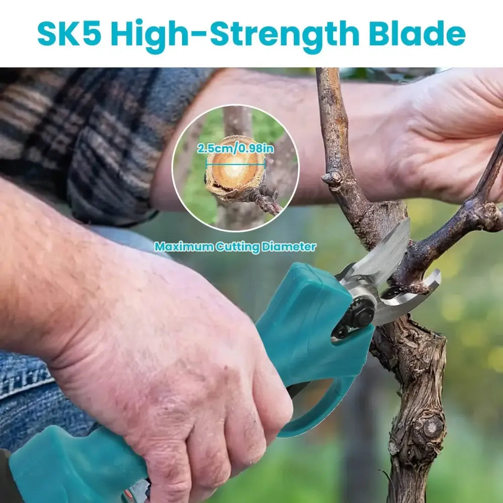 Teal-handled pruning shears with high-strength sk5 blade for precise plant stem cutting in 4-in-1 cordless brushless pole saw kit
