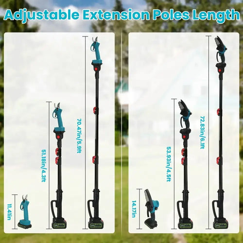Adjustable extension poles with teal and black handles and red locking mechanisms for length customization in 4-in-1 cordless brushless pole saw and pruning shear kit