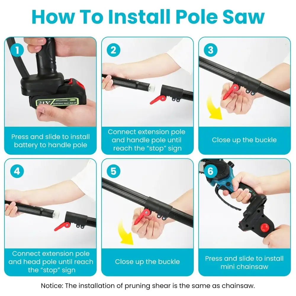Black and blue 4-in-1 cordless brushless pole saw with 31v battery, extendable handle, and red locking buckles