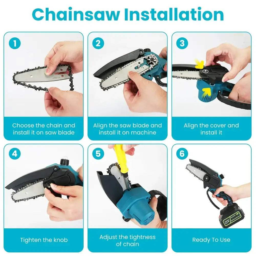 Blue and black cordless brushless chainsaw with retractable chain and ergonomic grip in 4-in-1 pole saw pruning kit