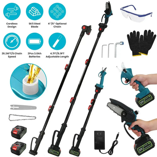 Teal and black cordless brushless pole saw and pruning shear kit with adjustable length sk5 steel blade and 21v battery