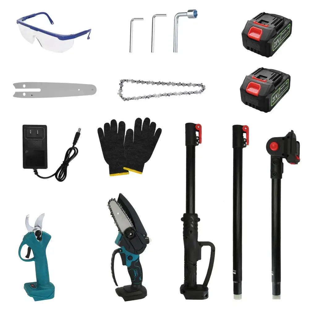 Black and teal cordless brushless chainsaw with silver blade and ergonomic grip from 4-in-1 pole saw and pruning shear kit