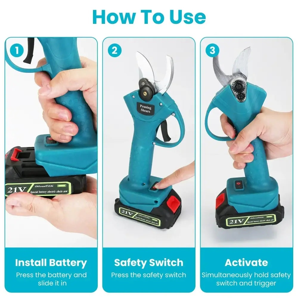 Teal cordless brushless electric pruning shears with black battery pack and silver blades from 4-in-1 pole saw kit